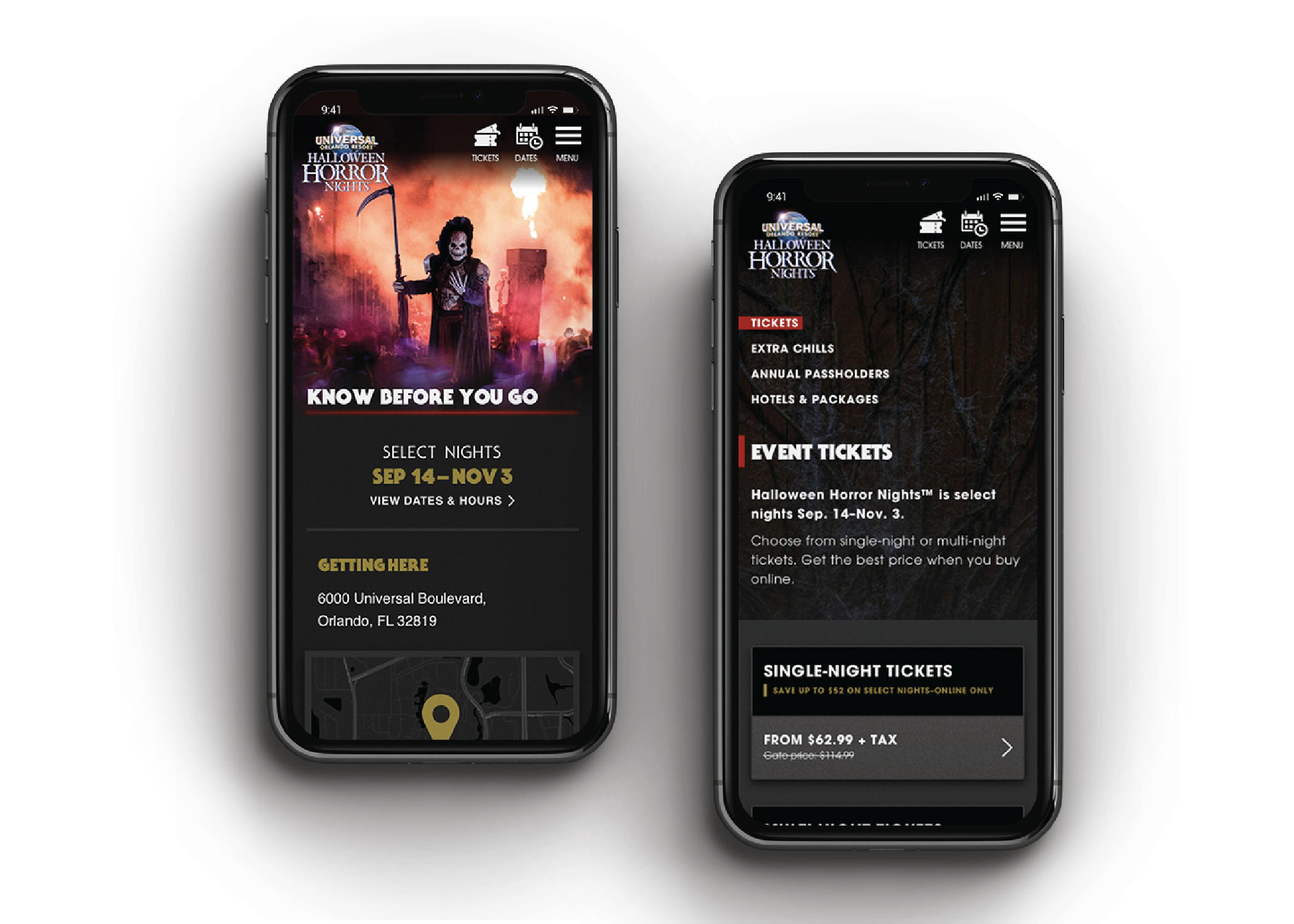 Halloween Horror Nights mobile-friendly responsive design showing mobile and tablet views