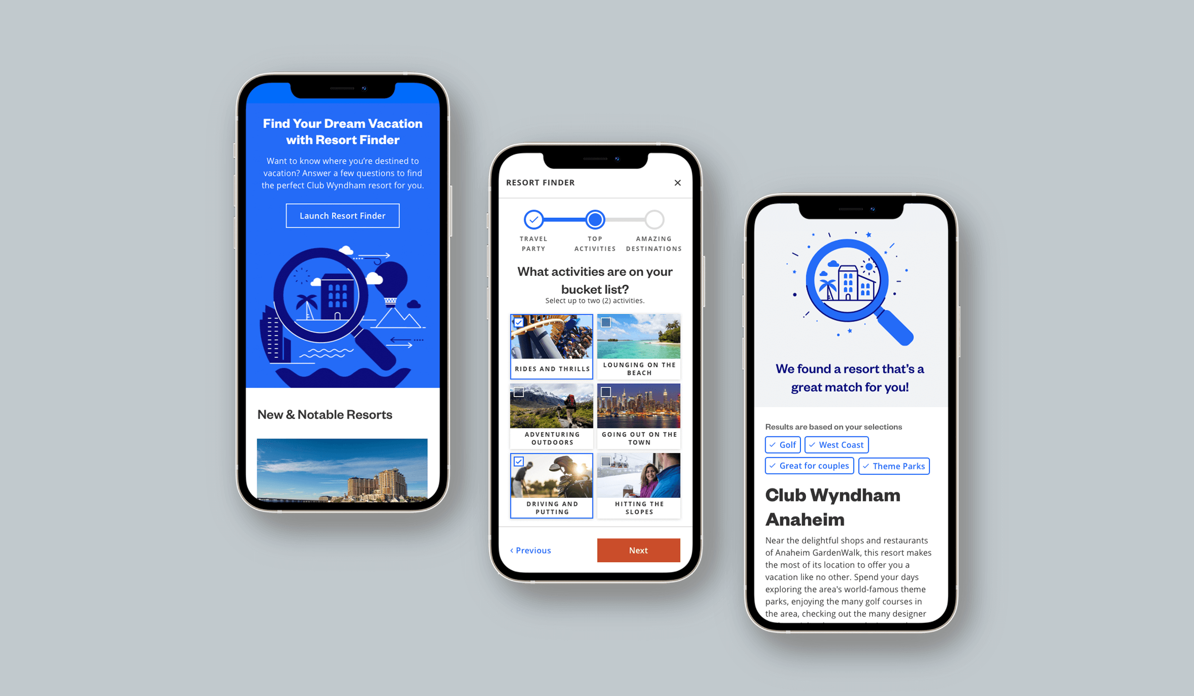 Final design: Vacation Planner Explore Resorts quiz flow